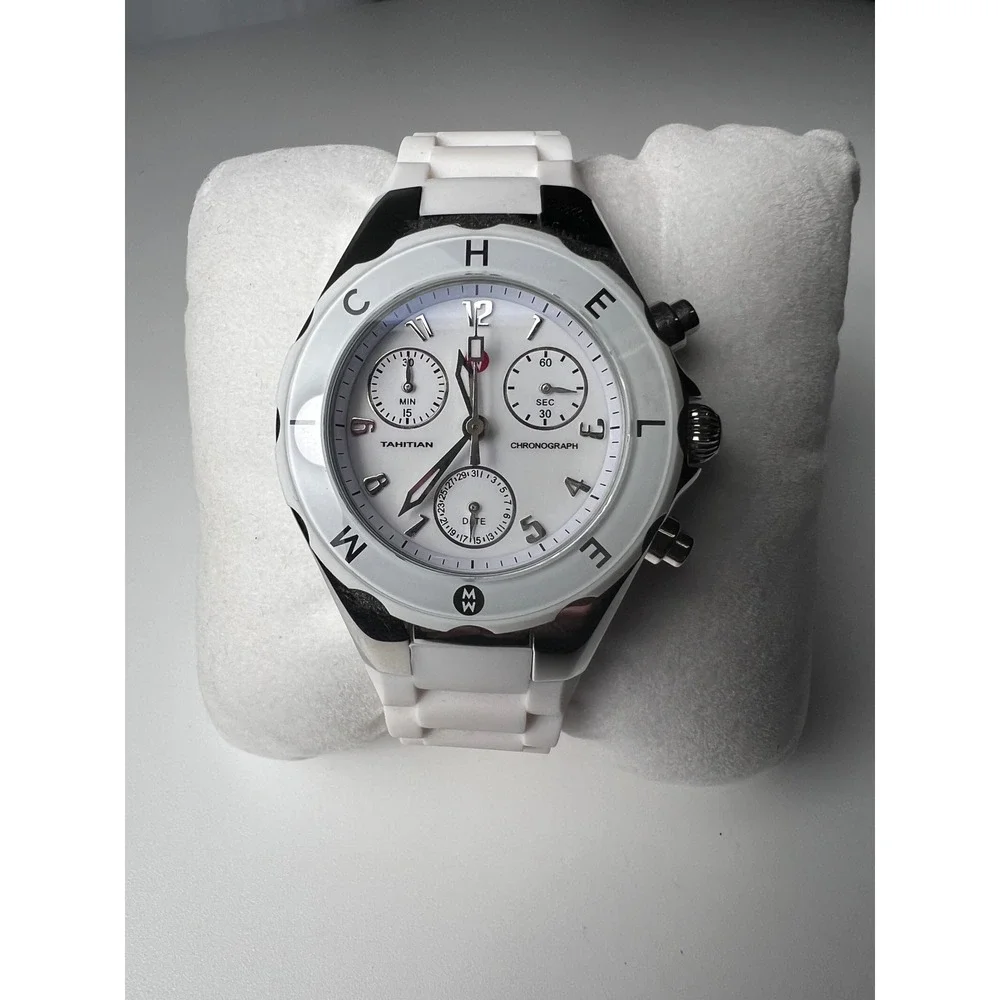 Michele Tahitian White Jelly Chronograph Steel Quartz Watch NWT